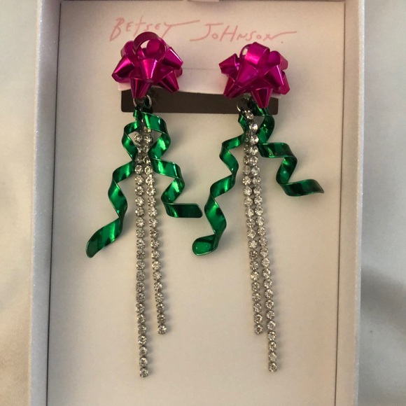 Betsey Johnson Christmas Bow Front Back Drop Earrings Fringe Accents NIB - Picture 7 of 12